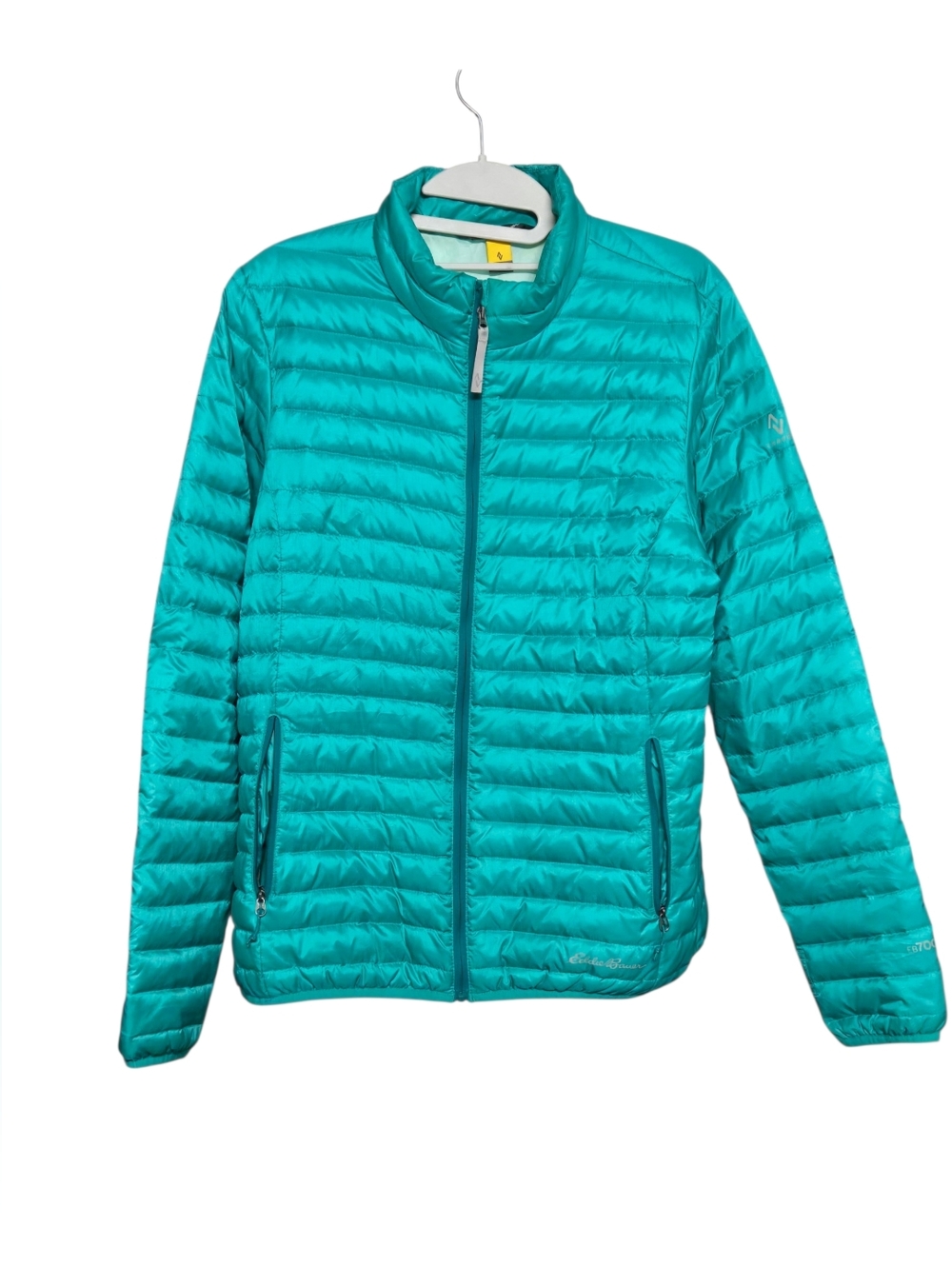 Eddie Bauer Down Puffer Jacket Zip-up Sz Medium Teal 19" Pit to pit 24" Length